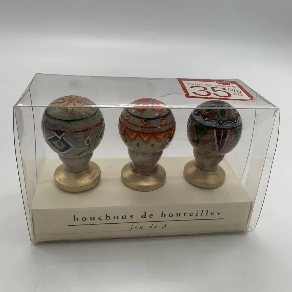 Pier 1 Stone Bottle Stoppers Hand Painted Ethnic Floral Set of 3